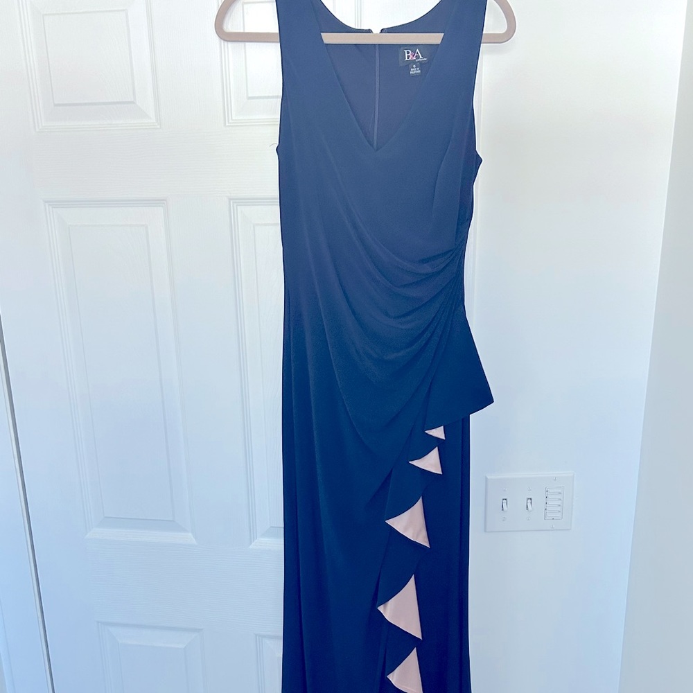Navy blue B&A floor length dress with light pink satin detail.